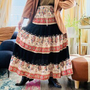 Vintage Prairie Midi Skirt 90s Ronnie Nicole Floral Beaded Flared | Size M/L